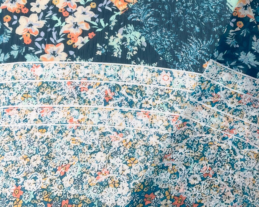 Blue-Multi Poly Stripe Floral Print Yoryu Chiffon Woven Fabric By the Yard