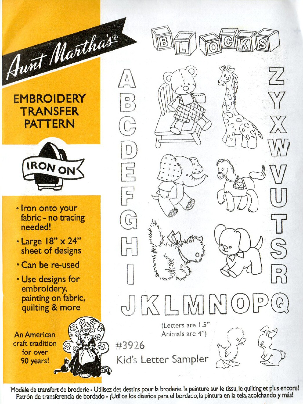 Aunt Martha's Kid's Letter Sampler 3926 embroidery iron on pattern