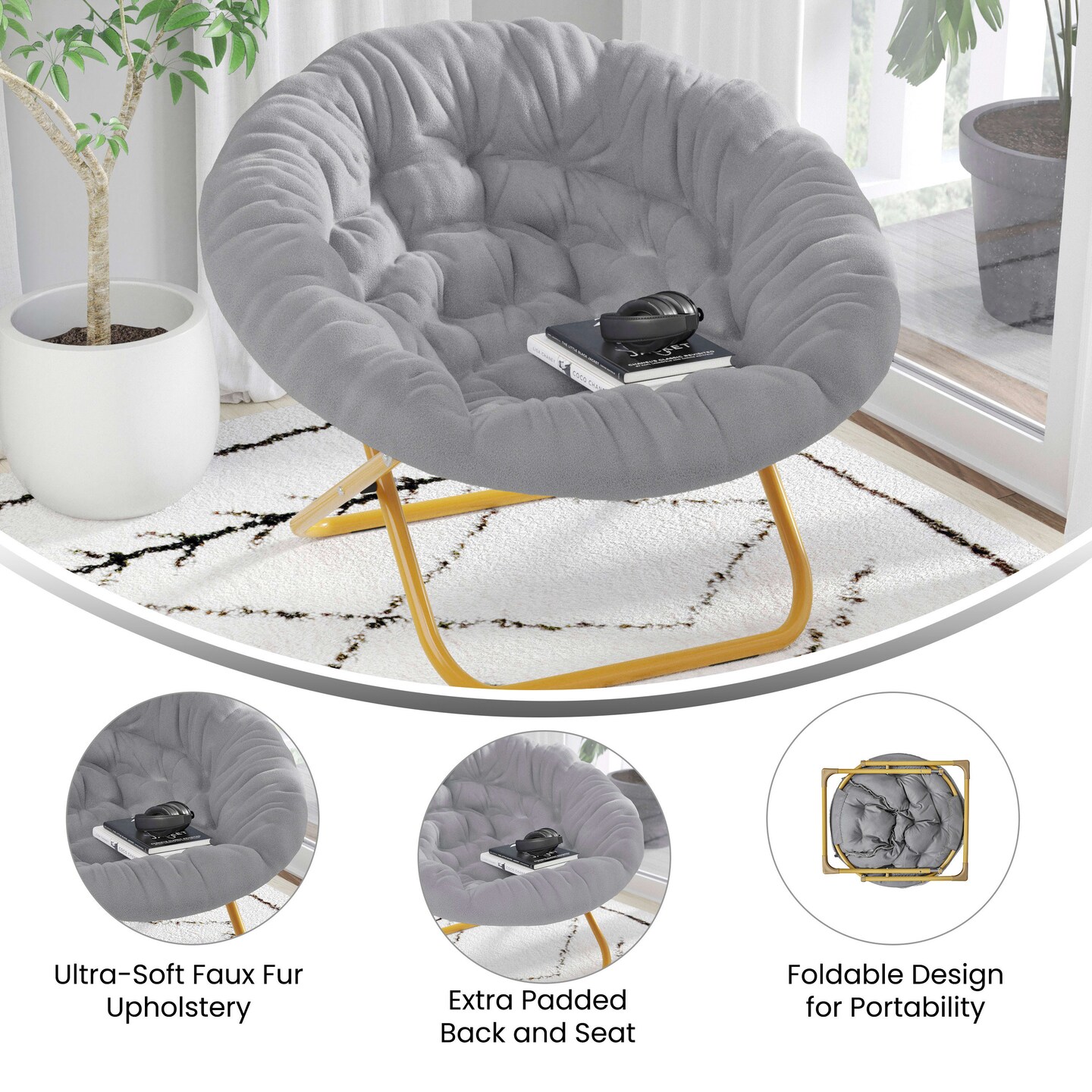Emma and Oliver Ersa Oversize Folding Saucer Chair with Cozy Faux Fur Cushion and Metal Frame for Dorms, Bedrooms, Apartments and More