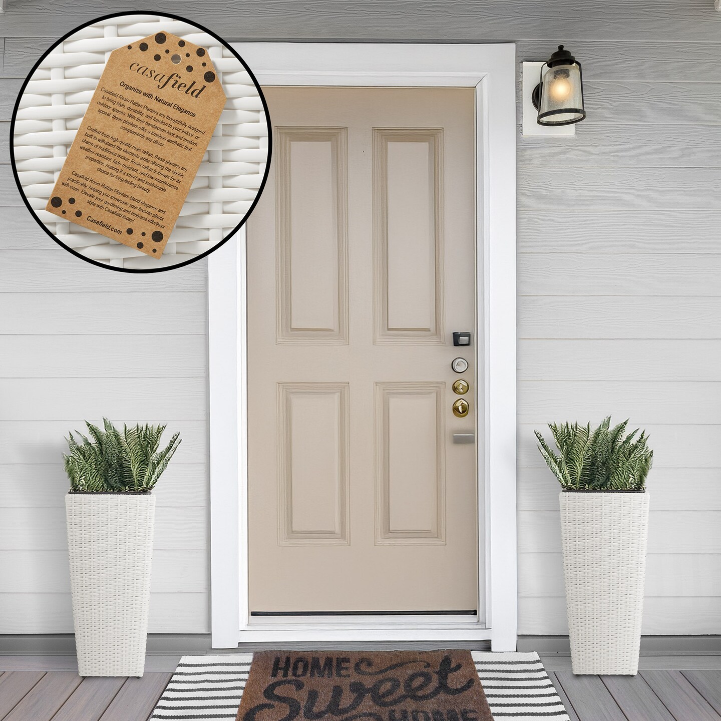 Casafield Set of 2 All-Weather Outdoor Planters with Liners, Tall Tapered Plant Boxes with Flower Pots for Front Porch, Patio, Garden - White