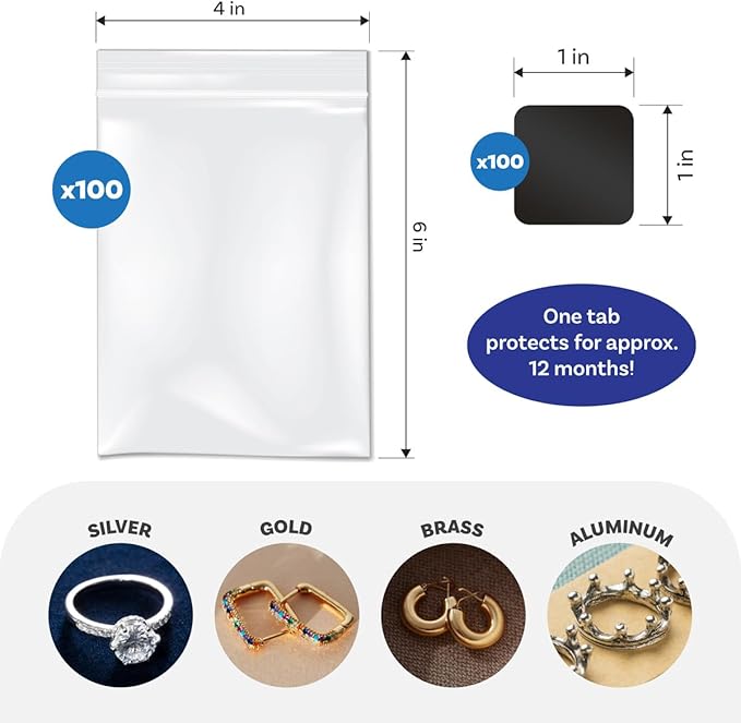 The Beadsmith Jewelry Anti-Tarnish Tabs and Resealable Zip Bags &#x2013; 1x1&#x201D; Non-Abrasive Tabs and 3x3&#x201D; Clear Bags, for Long-Lasting Shine and Jewelry Protection, 100 of Each