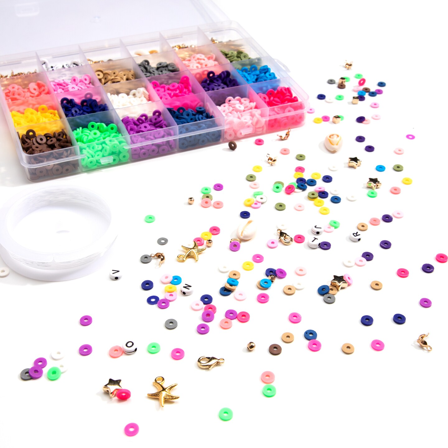 Cousin DIY Clay Spacer Jewelry Kit with Heishi Disk Beads, Alpha Beads, Findings, Cord, and Storage Box