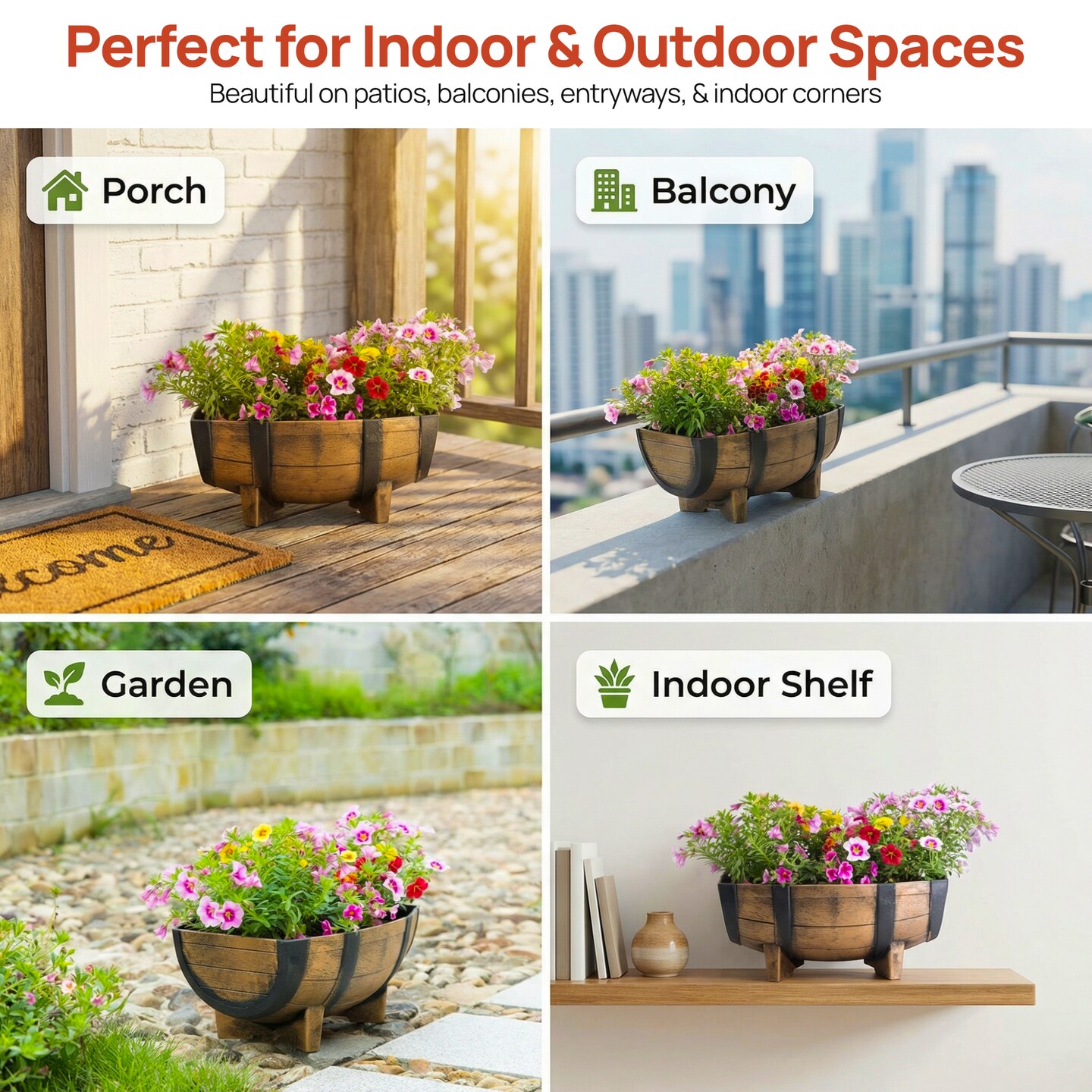 Rustic Wood- Look Plastic Half Barrel Flower Pot Garden Planter, Pack of 2