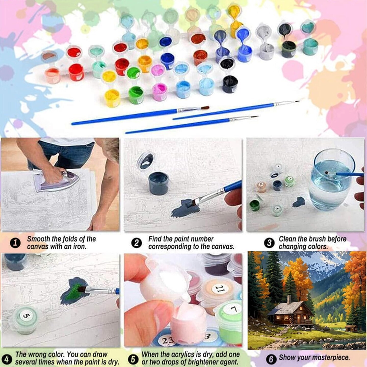 4 Pack Paint by Numbers Kit for Adults – Mountain Cabin Lake Sunset Landscape DIY Oil Painting Set on 12x16 Inch Canvas for Beginners, Wall Art & Home Decor Gift