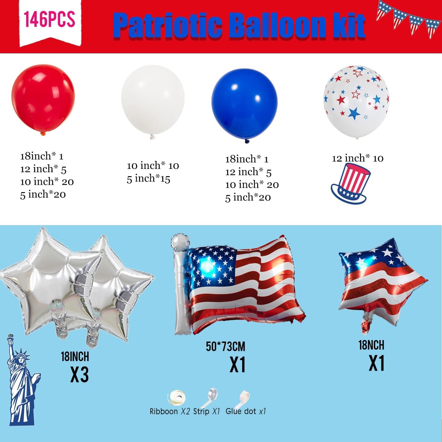 146PCS 4th of July Patriotic Balloon Garland Arch Kit with Star & Flag Balloons – Red White and Blue Decorations for Memorial Day, Veterans Day, Independence Day & USA Theme Party Decor