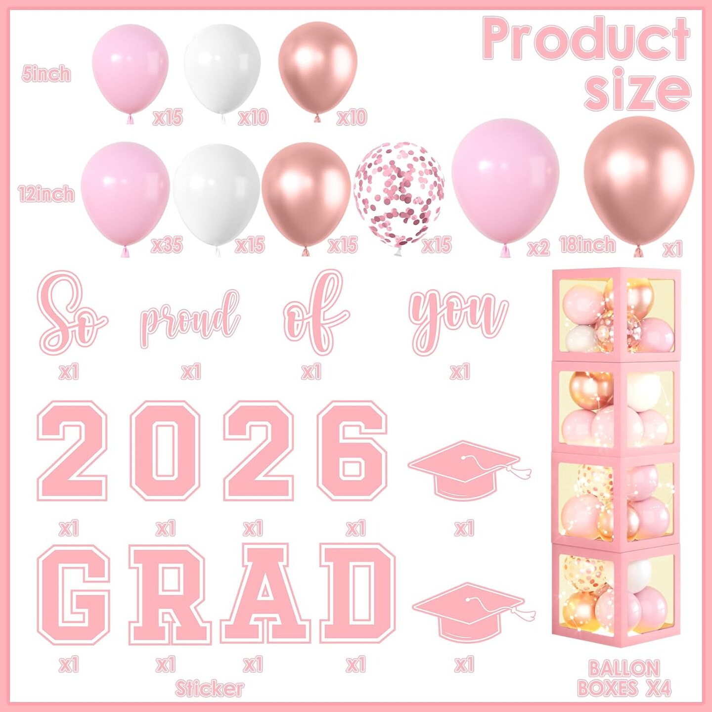2026 Graduation Party Decorations Class of 2026 Balloon Boxes with Letters 2026 Grad & So Proud of You Congrats Grad Party Decorations 117pcs Balloons for Any Grades Class Grad Party (Pink)