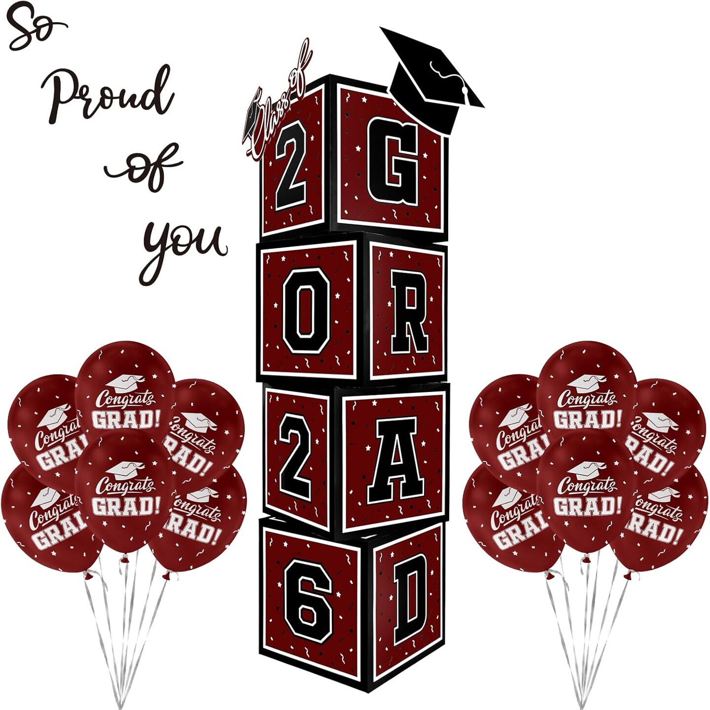 2026 Graduation Decorations Set - So Proud of You - Class of 2025 Balloon Boxes for Memorable Grad Party Supplies, Indoor/Outdoor Congrats Grad Home Door Décor Essentials( maroon and black)