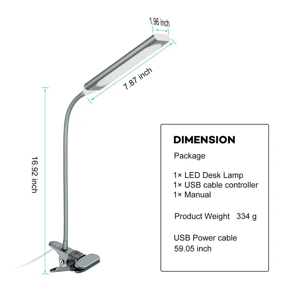 USB Clip-On Led Desk Lamp Dimmable Metal Gooseneck Adjustable Brightness Light