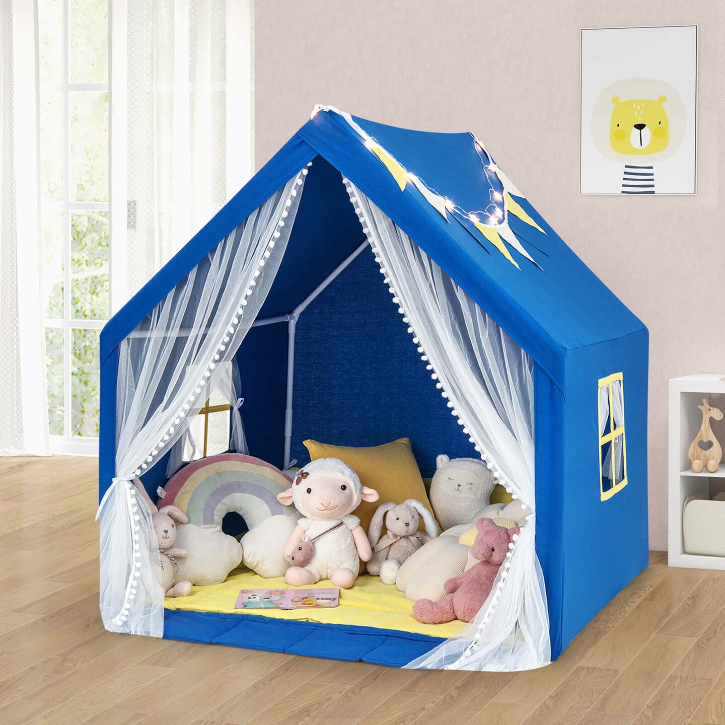 Costway Large Play Tent  Kids &#x26; Toddlers Playhouse with Washable Cotton Mat, Star Lights
