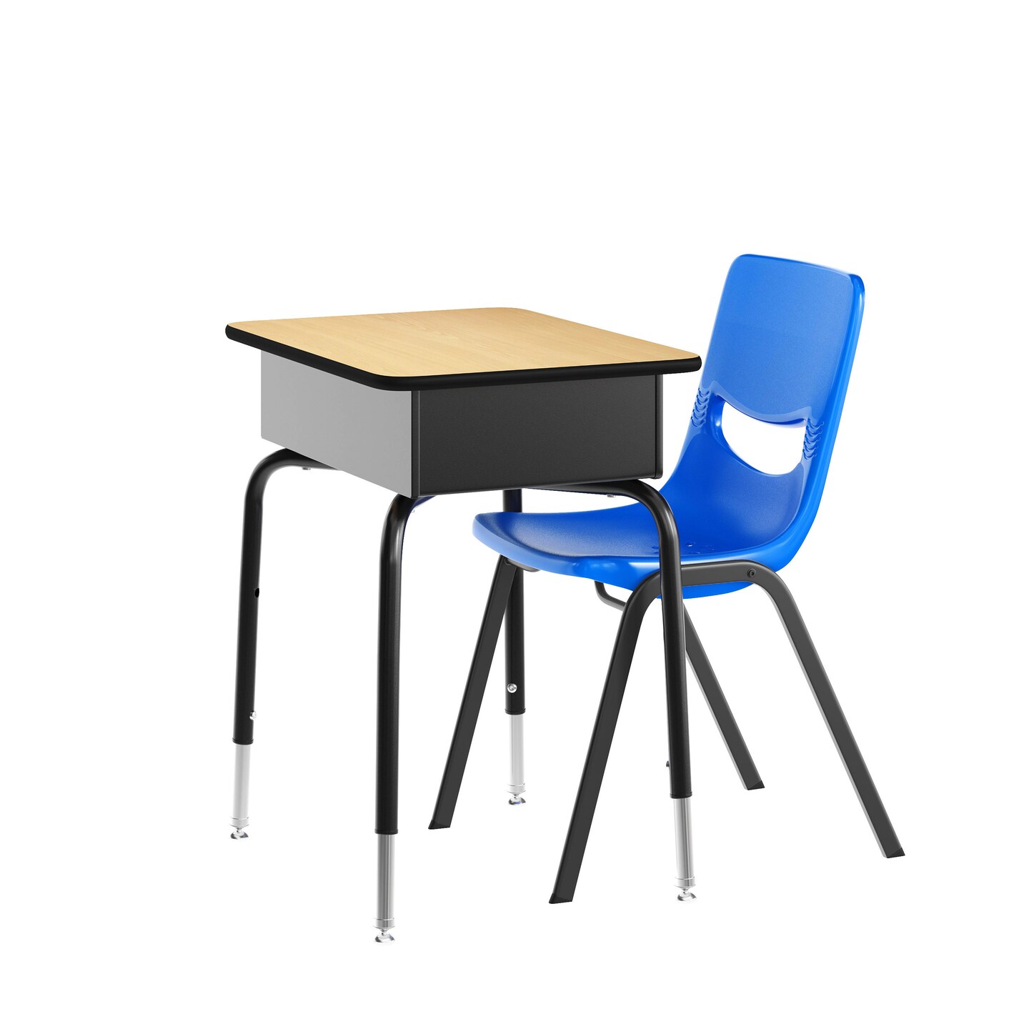 Emma and Oliver Jacobs Desk/Chair Set with Metal Open Front Storage Box, Desktop, Metal Frame and Stackable Flex Comfort Classroom Chair