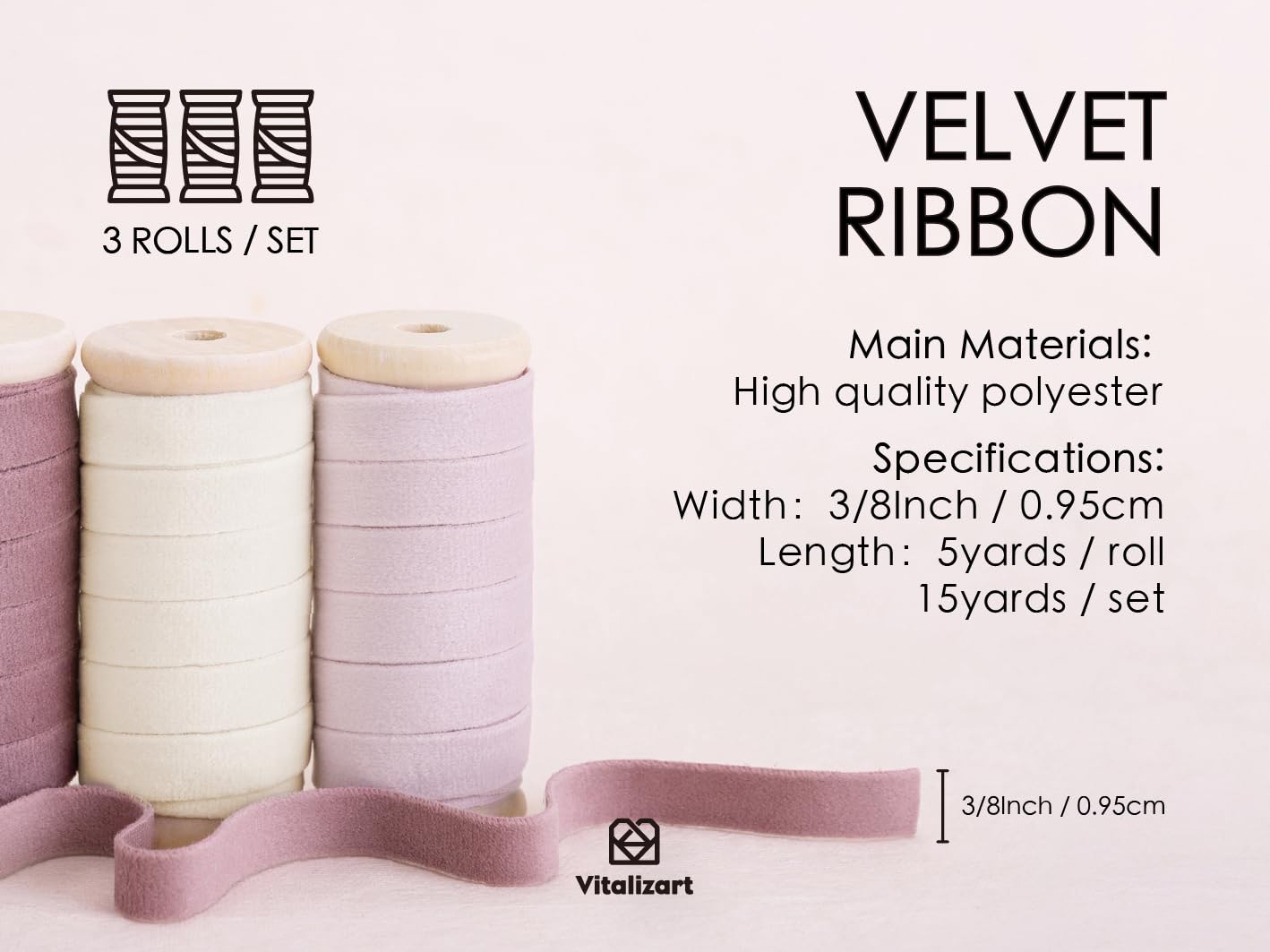 Velvet Ribbon Pink White Set 3/8&#x22; x 15Yd Wooden Spool Fabric Trim Eco-Friendly 3 Rolls * 5Yd for Christmas Wreath Decoration Handmade Craft Ornaments Gift Wrapping &#x26; Bow Making