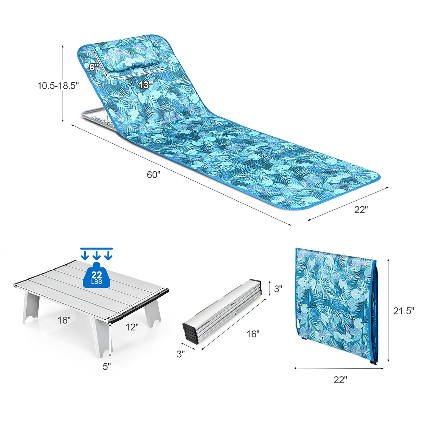 Costway 3-Piece Beach Lounge Chair Mat Set 2 Adjustable Lounge Chairs with Table Blue\Stripe