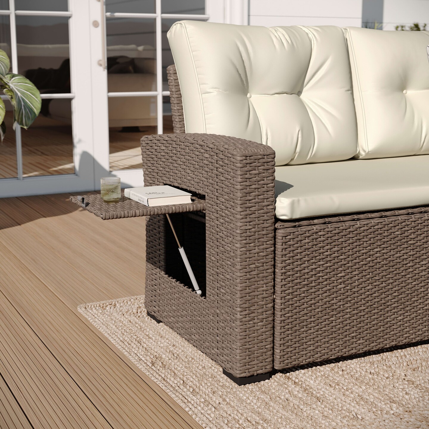 Merrick Lane Shelton Indoor/Outdoor L-Shaped Sofa/Dining Table Conversation Set with Wicker Rattan Construction and Weather-Resistant Cushions