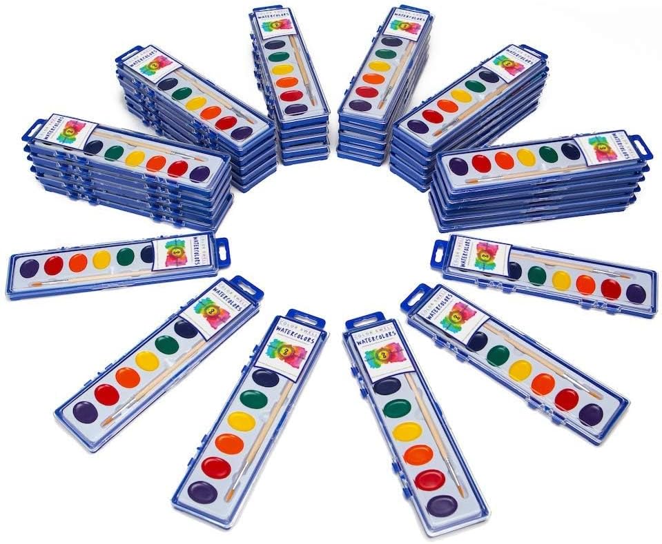 Watercolors Paint Pack, 36 Sets with Wood Brushes, 8 Washable Colors Each