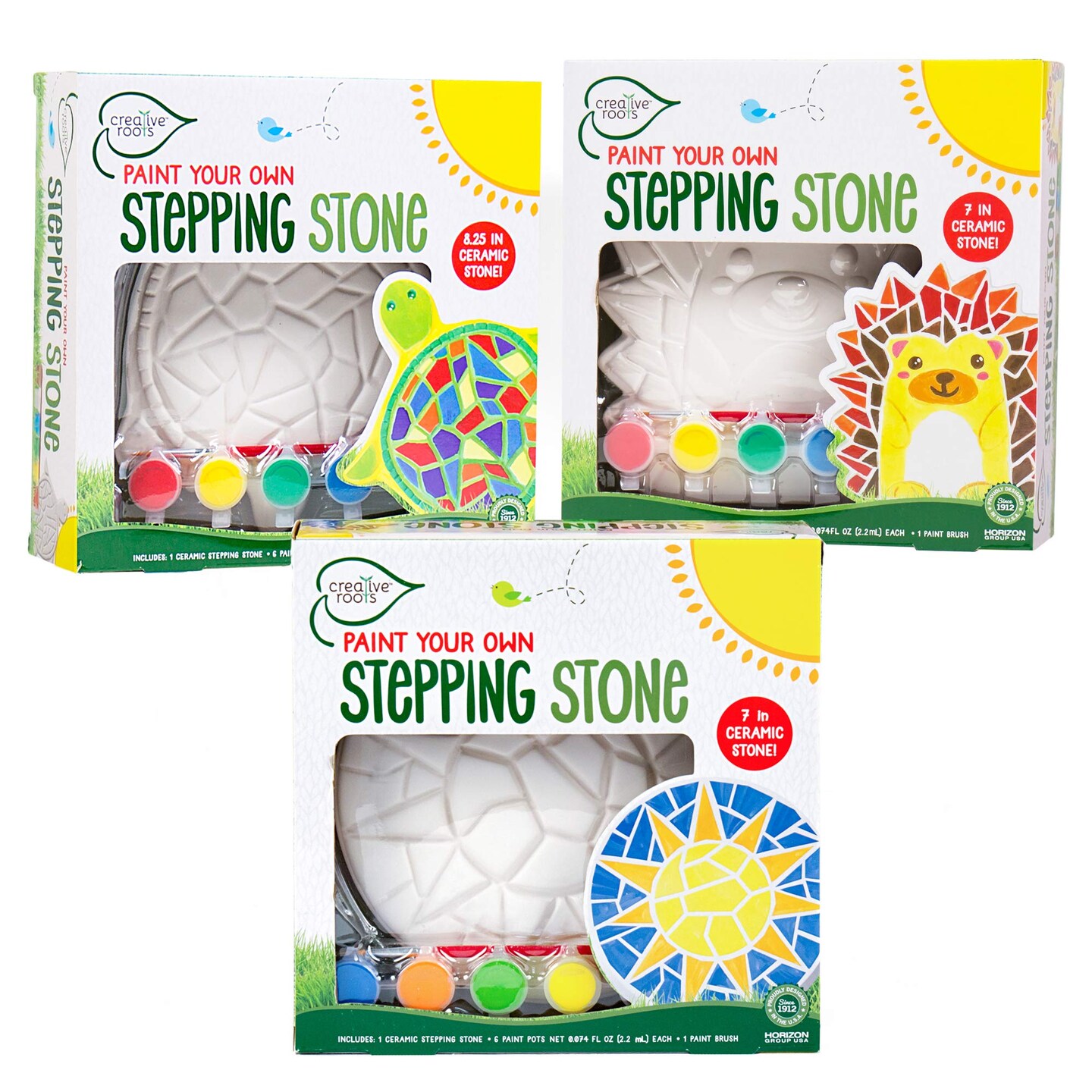 Creative Roots Mosaic Turtle, Hedgehog, &#x26; Sun Stepping Stone, Includes 3-Pack 7-Inch Ceramic Stepping Stone &#x26; 6 Vibrant Paints, Paint Your Own &#x26; DIY Stepping Stone for Kids Ages 8+