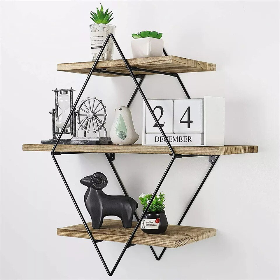 Heavy Duty Floating Shelves Wall Mounted Rustic Wood Geometric Style Decor Shelf