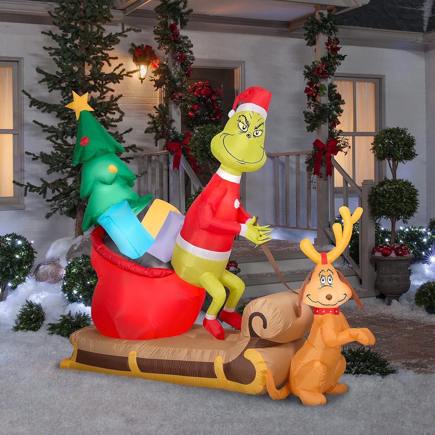 6&#x27; Gemmy Airblown Inflatable Christmas Grinch w/ Max Sleigh Scene Yard Decoration 882554