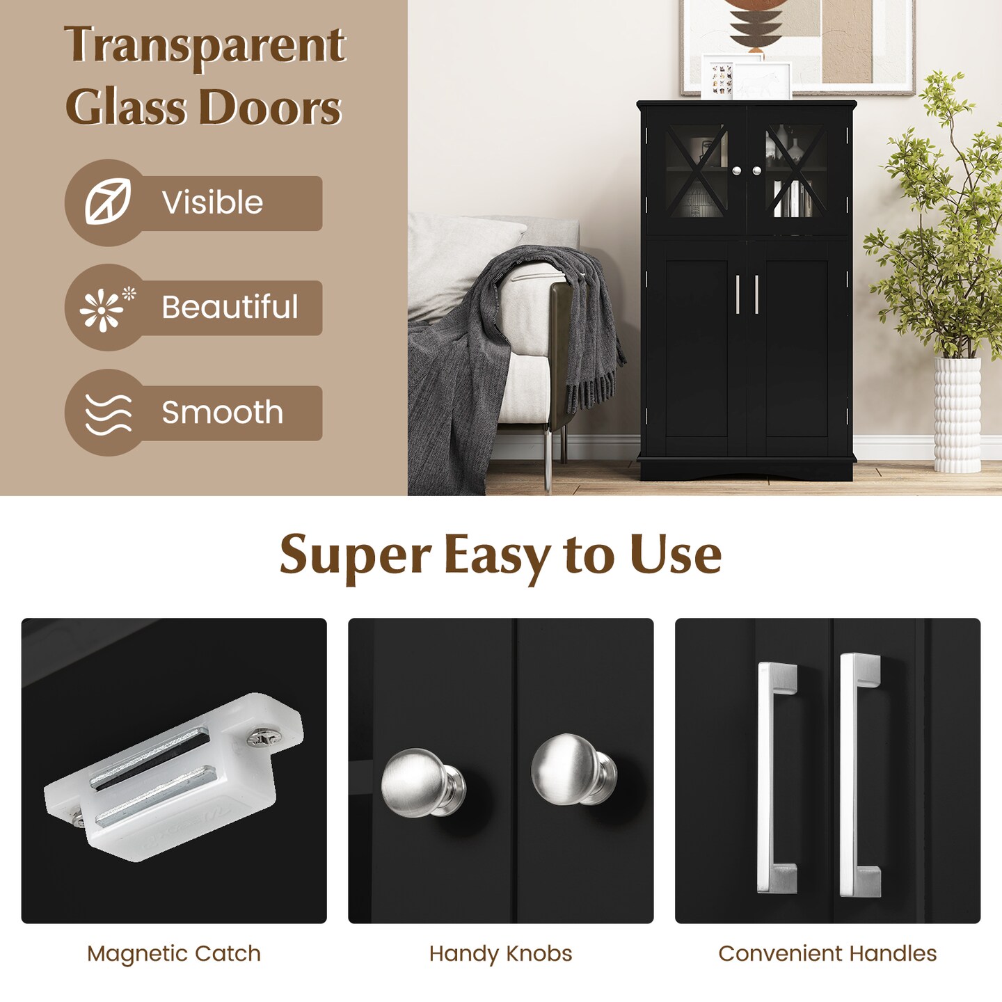 Costway Bathroom Storage Cabinet Linen Storage Cabinet with Doors and Adjustable Shelves Black/Grey/Brown/White
