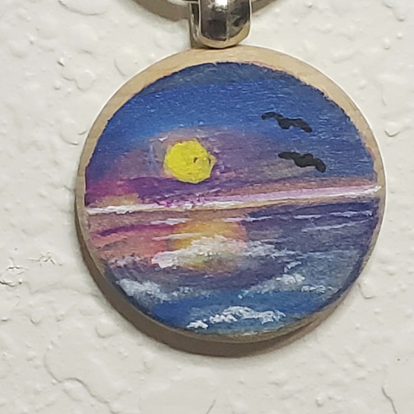 アクリルリキッド&コルクダッペン Hand painted wooden keychain - Purple Sky Sunset and Ocean
