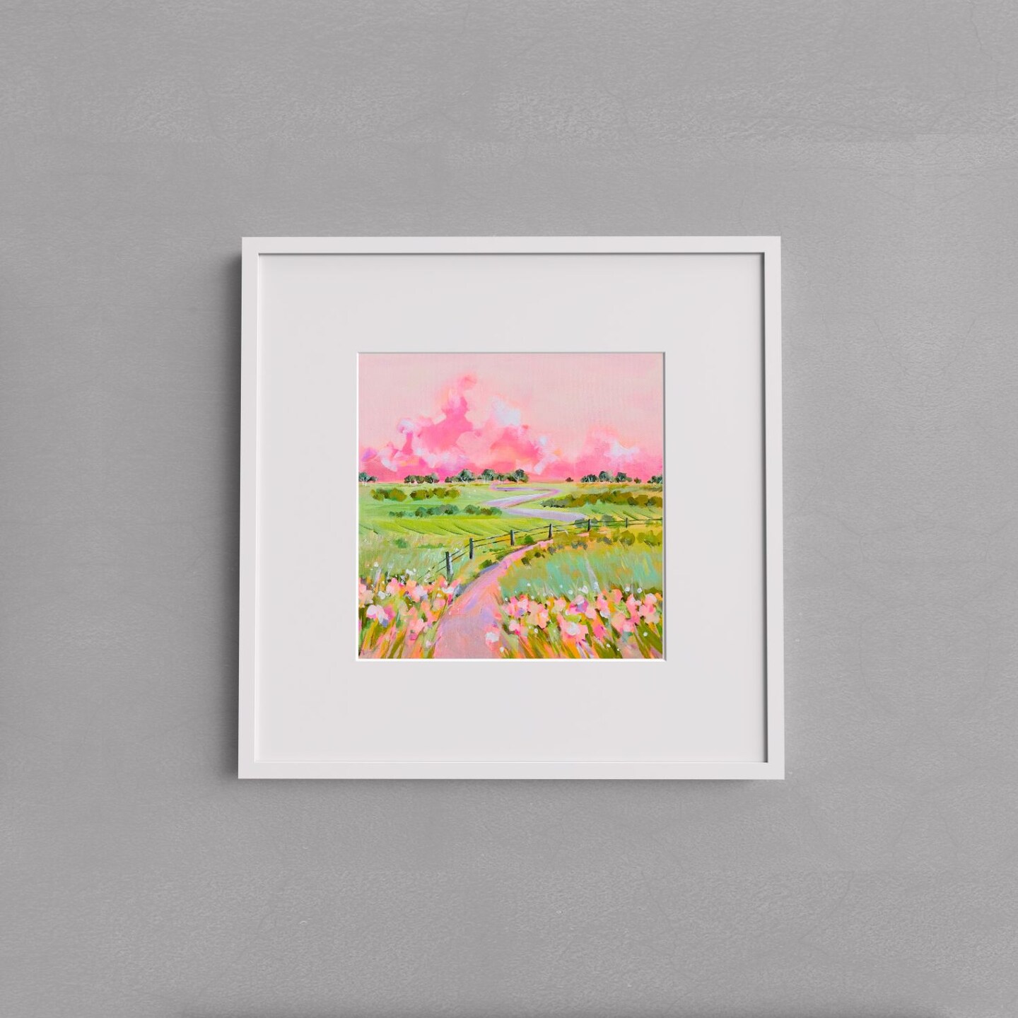 Wildflowers Countryside Landscape in Happy Bright Colors- Art