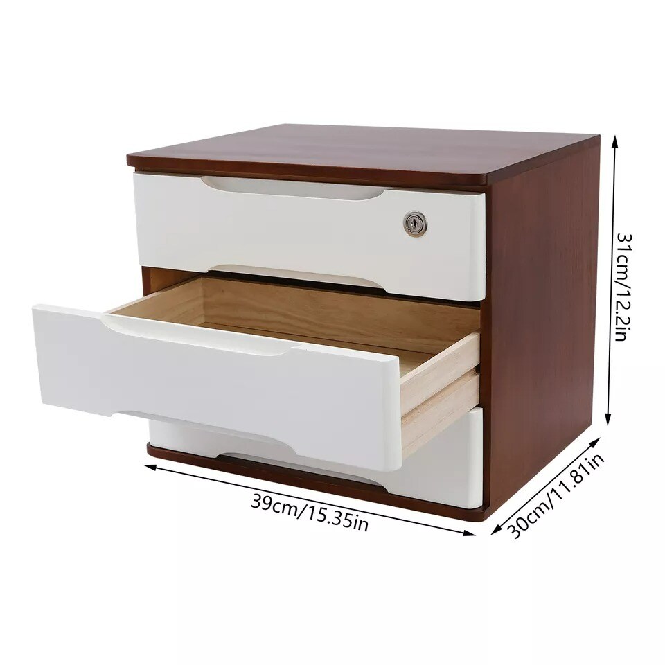 Wooden Desktop Storage Box Drawer Office Home Table Display Organizer with Lock