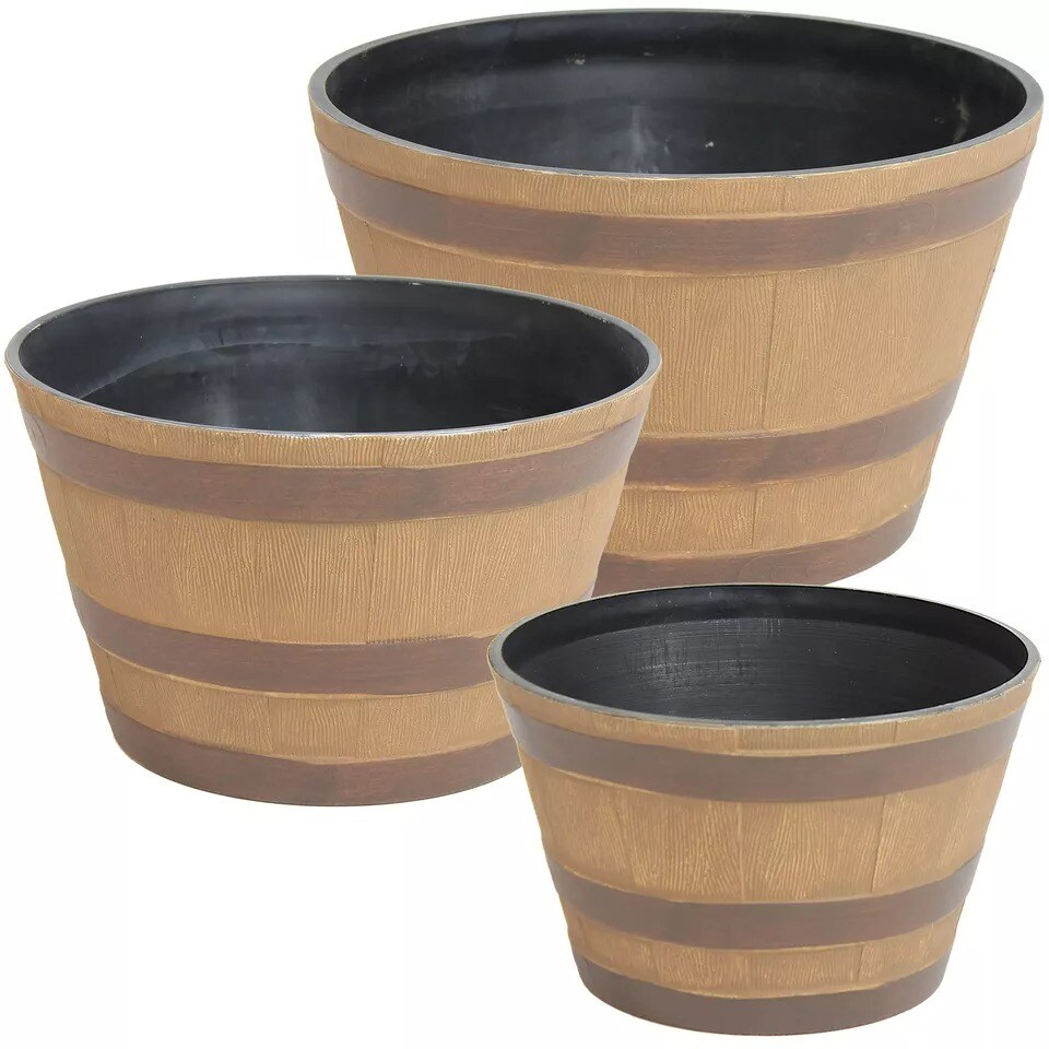 Resin Rustic Cask Outdoor Planter 13 in, 15 in, 17 in - Set of 3