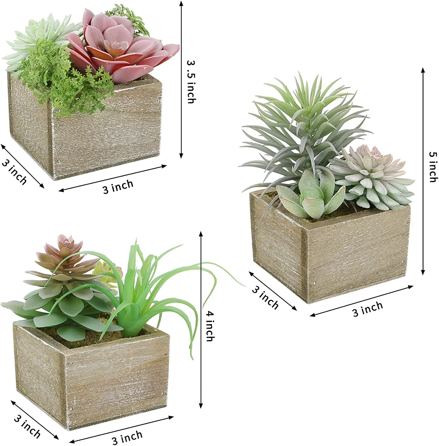 Artificial Mini Succulents in Wood Pots, Set of 3, for Home and Office Decor