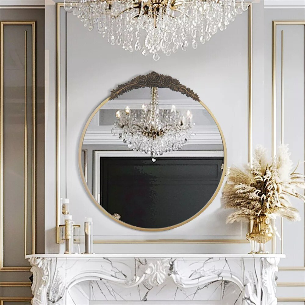 Vintage Baroque Brass Gold Mirror Metal Frame Antique Glam Round Wall Mirror