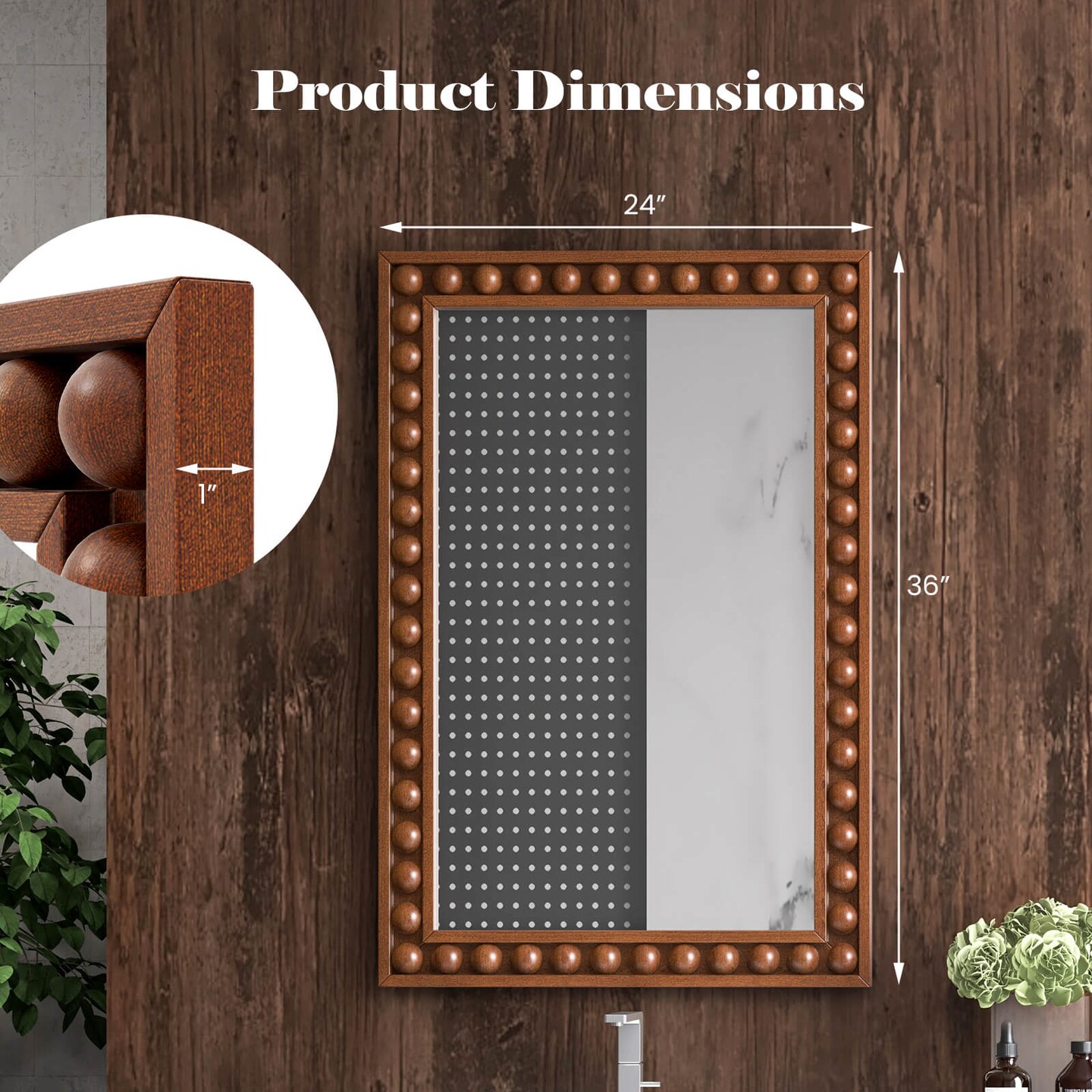 Costway 24" x 36" Rustic Decorative Wall Mirror with Solid Wood Frame Beads for Living Room Brown/White