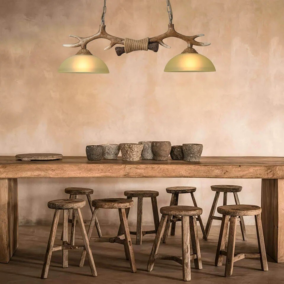Rustic Cabin Ceiling Hanging Light Resin Deer Antler Chandelier E27 Glass Shades