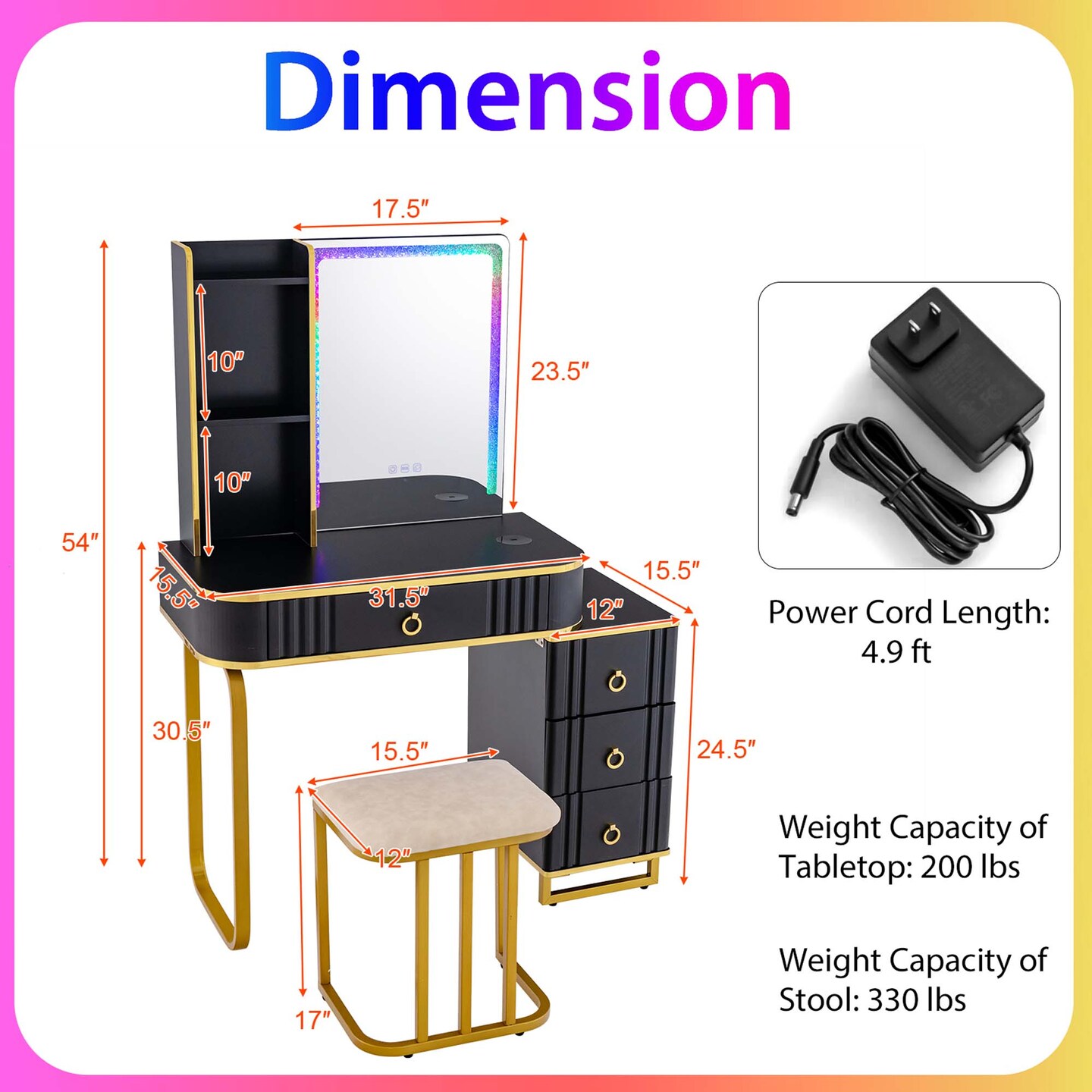 Costway Vanity Table Set with RGB LED Lights Crystal Crush Diamond Mirror Drawers Black/White