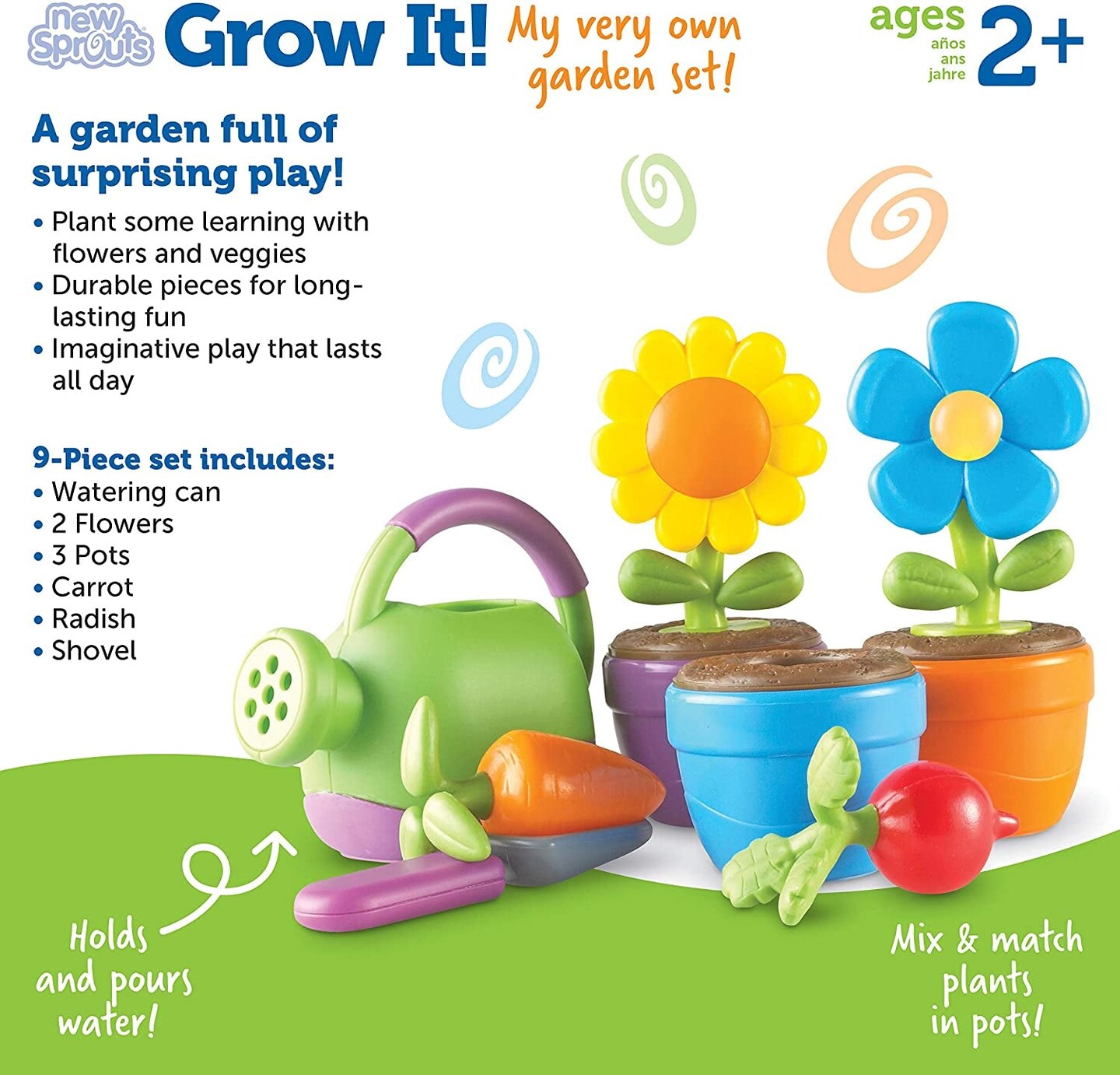 New Sprouts Grow It! Toddler Gardening Set - 9 Pieces, Ages 2+ Toddler Learning Toys, Garden Toys for Kids, Spring and Easter Toys for Boys and Girls