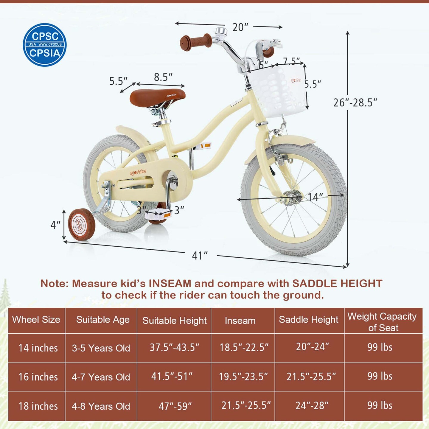 Costway 14'' Kid's Bike with Removable Training Wheels & Basket for 3-5 Years Old Pink/Blue/Green/Beige/Purple/Light Blue