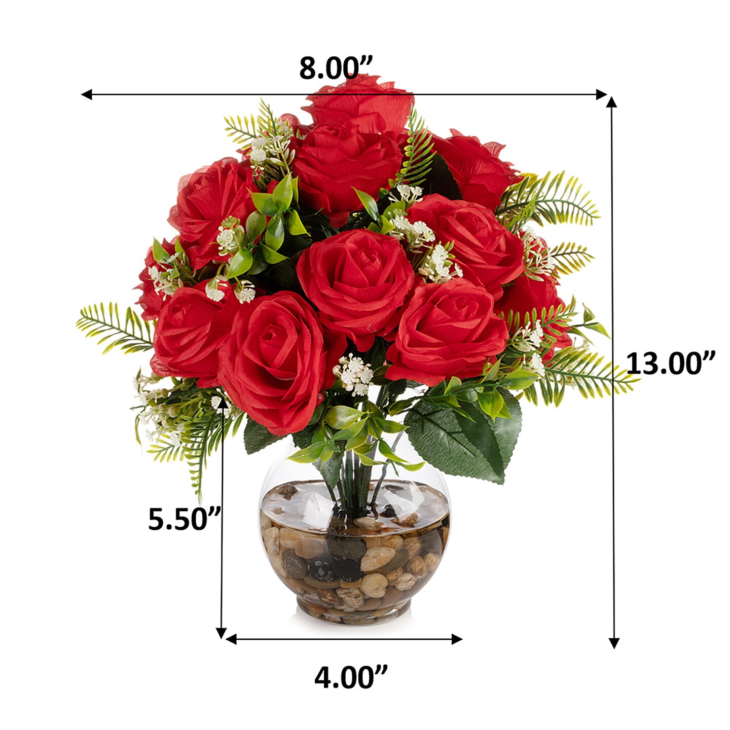 18 Heads Silk Rose Artificial Flowers in Vase,Faux Rose Flowers Arrangement in Round Bowl Vase with Faux Water and River Rock for Table Deco product 5