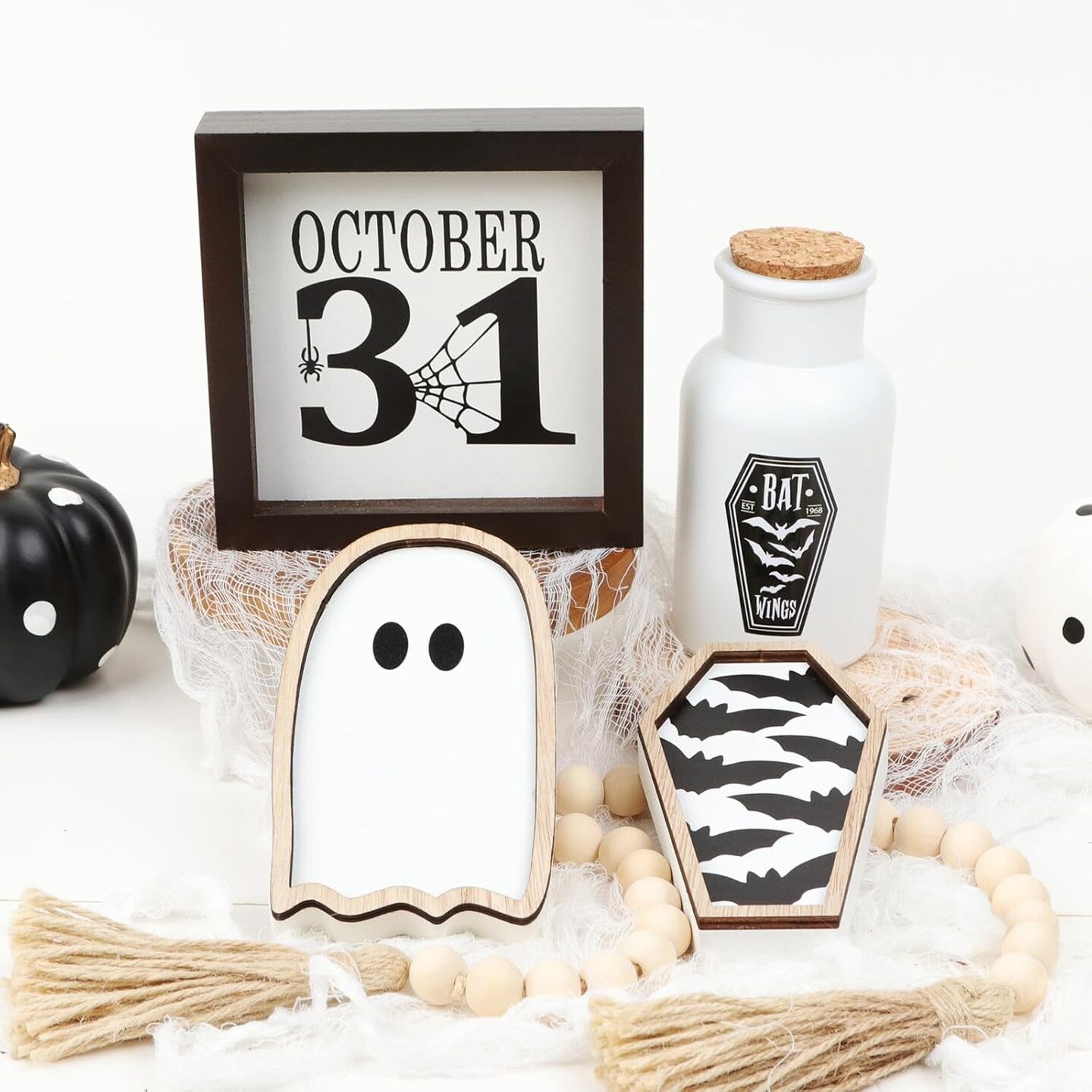 Halloween Decor Set - Potion Bottles, Bat Coffin, Ghost, Wood Signs &#x26; Bead Garland for Tiered Trays