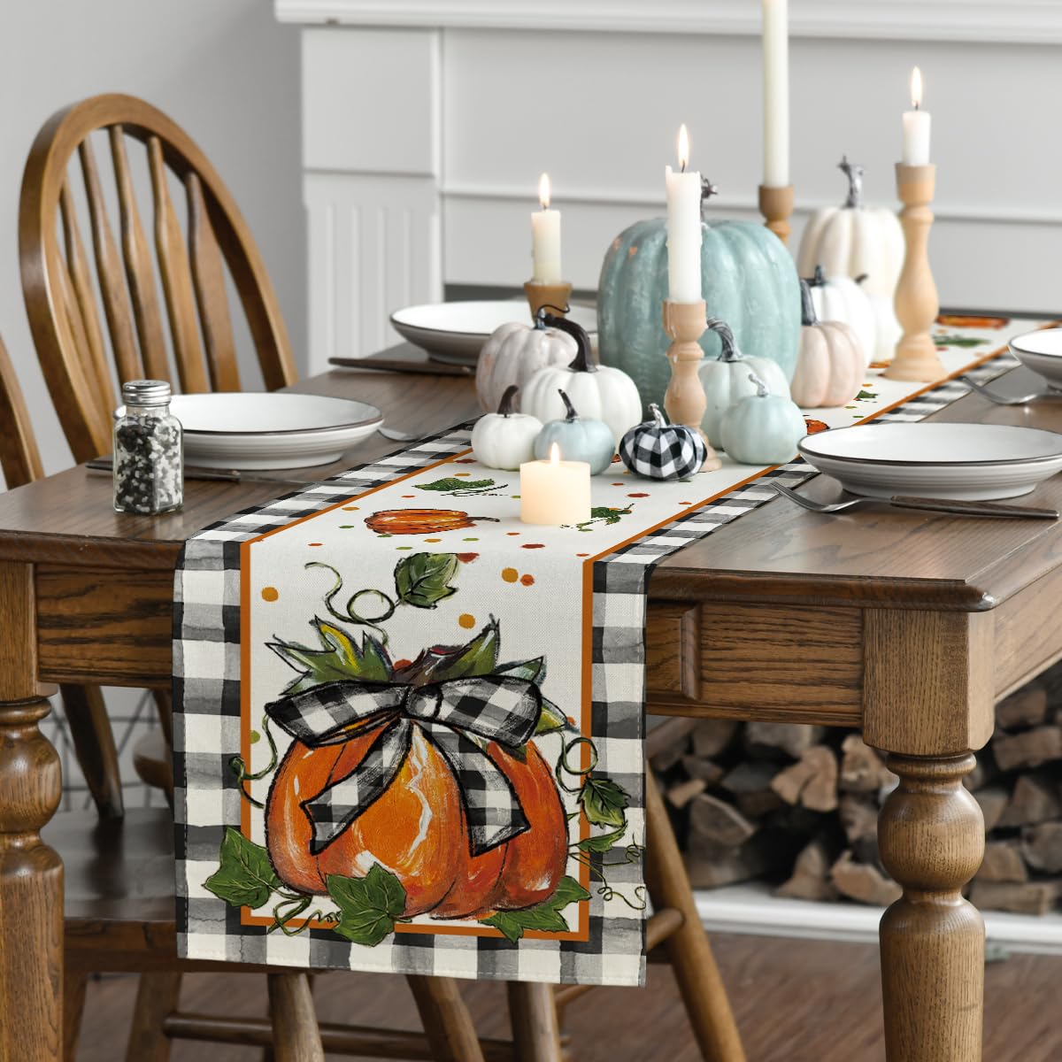 Pumpkin Bow Buffalo Plaid Fall Table Runner,Seasonal Autumn Kitchen Dining Table Decoration for Home Party Decor 13x72 Inch