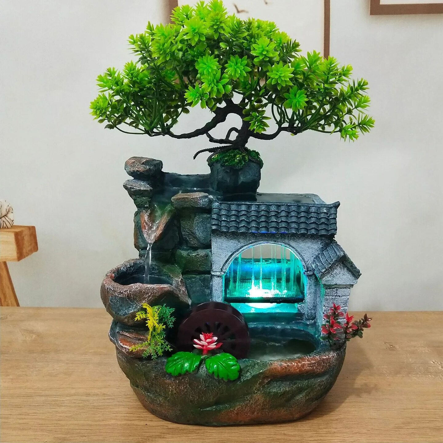 LED Desktop Water Fountain Waterfall Ornament w/ Pump Office Home Indoor Decor