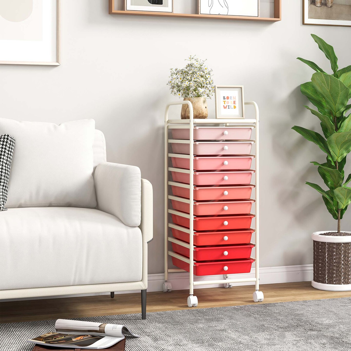 Costway 10 Drawer Rolling Storage Cart Scrapbook Paper Office School Organizer Gradient Black/Gradient Pink/Multicolor/Yellow/Colorful/Clear/Black/Hot Pink/Skin Pink/Purple