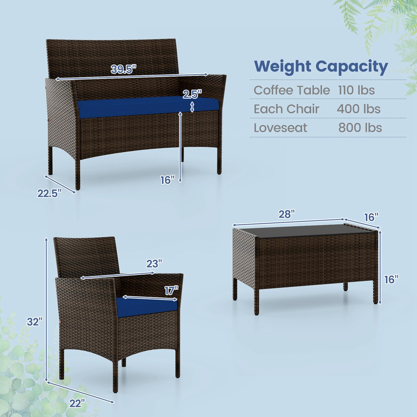 Costway 8 PCS Patio Furniture Set with Washable Cushions and Tempered Glass Coffee Table Black/Grey/Navy/Turquoise/Red/Blue/Orange
