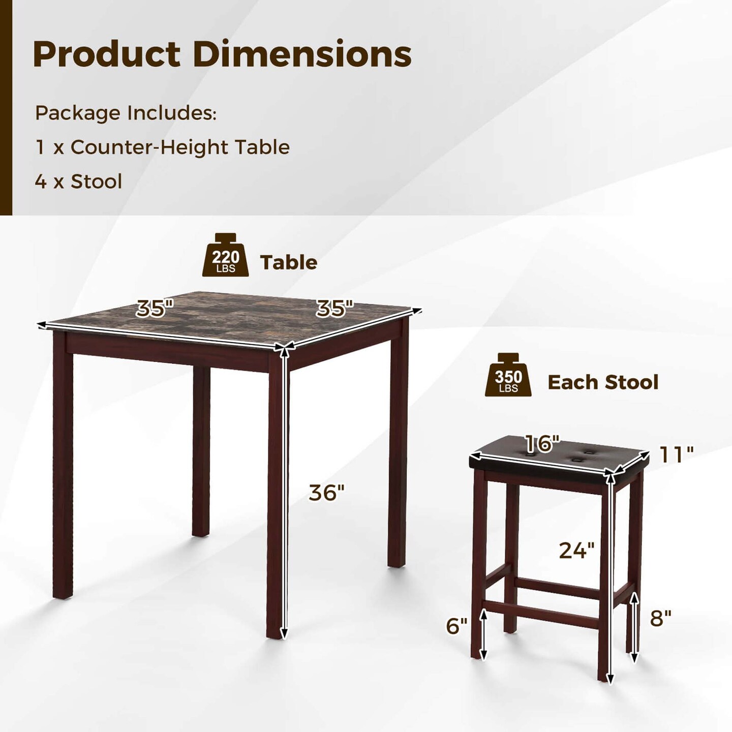 Costway 5 PCS Bar Table Set Square Dining Table & 4 PVC Leather Upholstered Bar Stools Brown/White