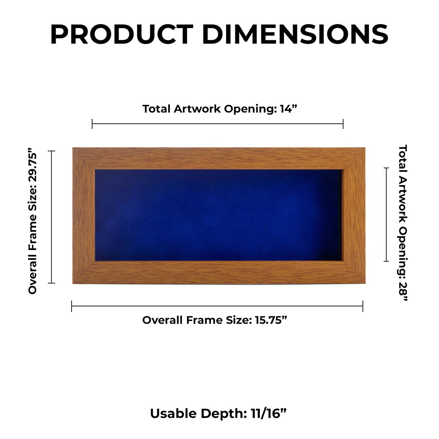 Warm Honey Brown Wood Shadow Box Frame with Acrylic Front - Royal Blue Suede Backing, 30 Sizes