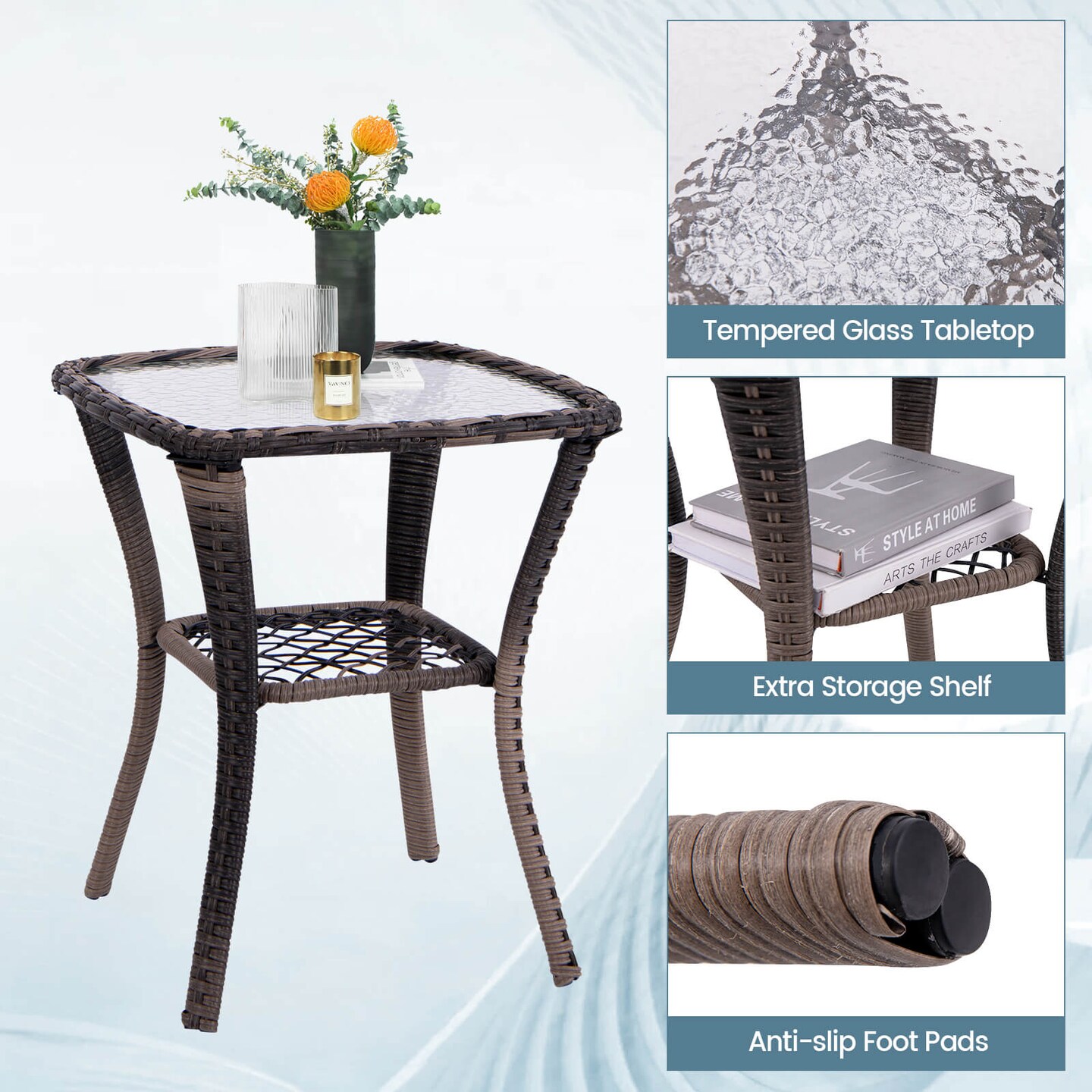 Costway 3 PCS Patio Furniture Set Rocking Chairs Set of 2 with Glass Top Side Table