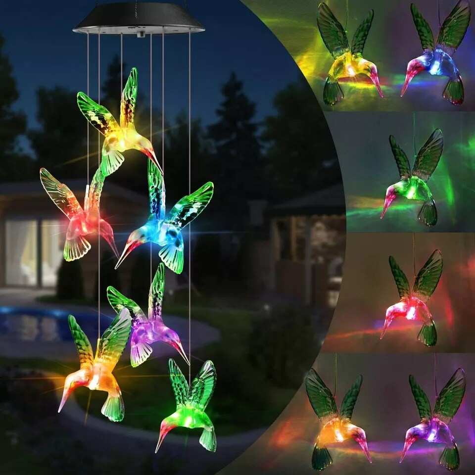 Solar Color Changing LED Hummingbird Wind Chimes Home Garden Decor Light Lamp