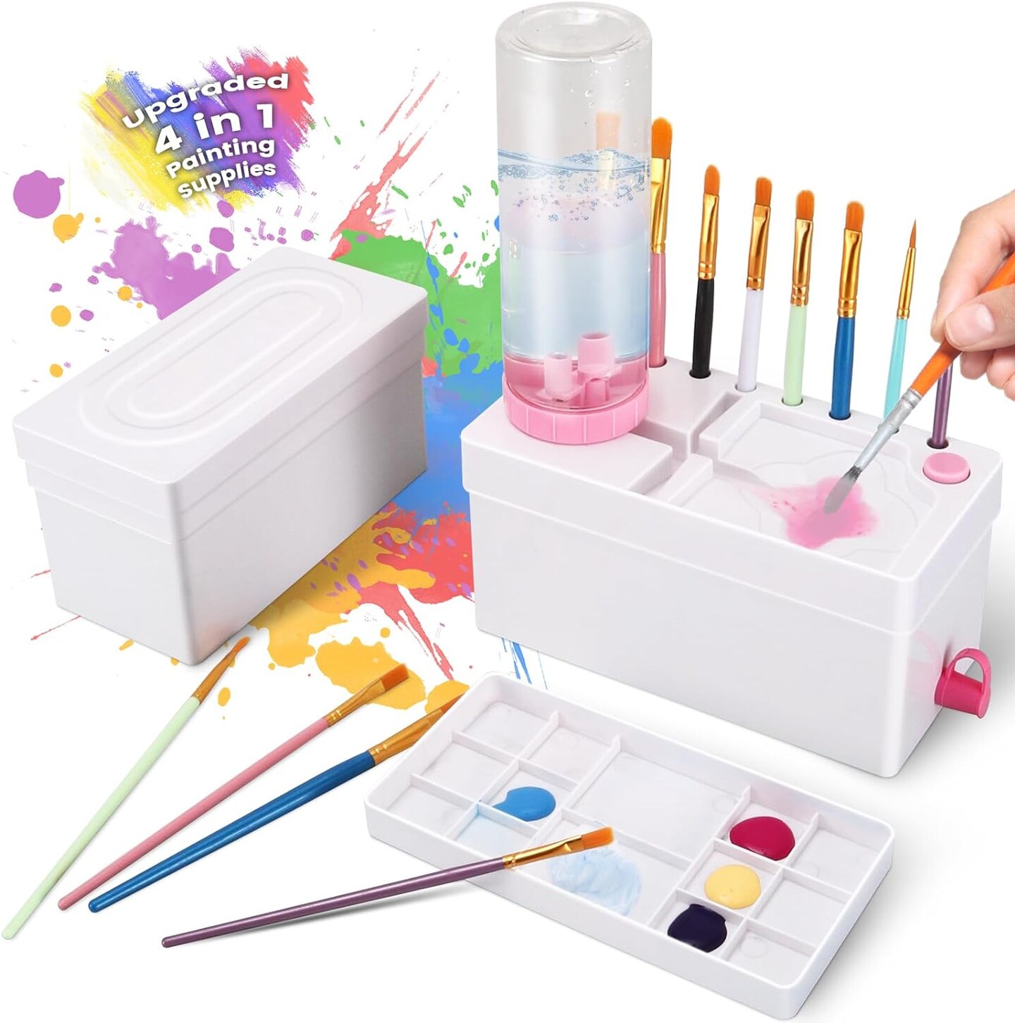 Improved 4-in-1 Painting Supplies, Acrylic Paint Brush Cleaner, Paintbrush Holder with Palette, Acrylic Paint Rinser, Water-Based Paints, Drawing and Art Supply (Pink)