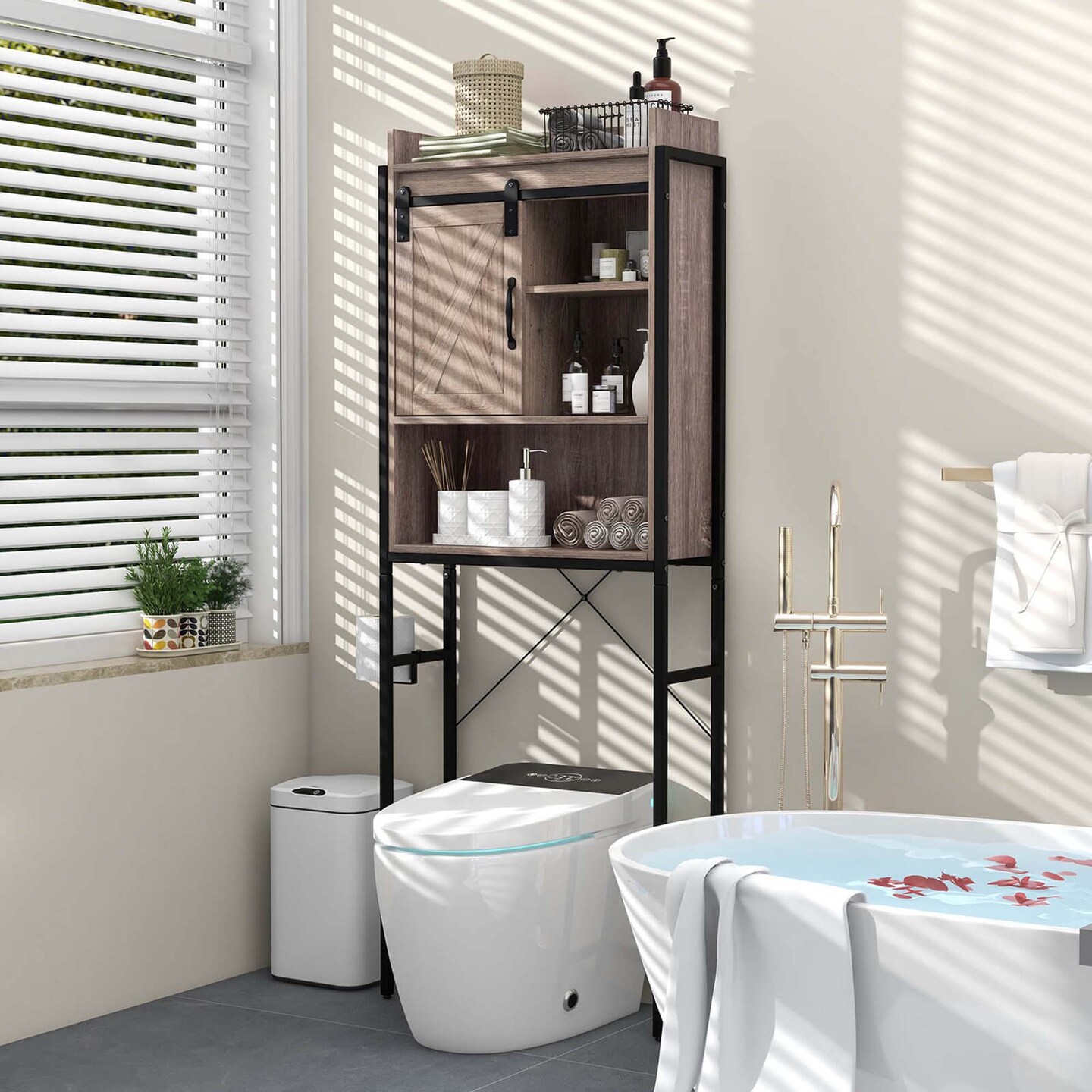 Costway Over-The-Toilet Storage Cabinet Bathroom Organizer w/ Sliding Barn Door Rustic Brown/Espresso/Grey