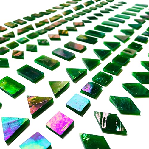 280 Pieces Iridescent Green Mosaic Tiles for Crafts,  Mixed 4 Shapes Stained Glass Sheets, Stained Glass Supplies for Mosaic Projects