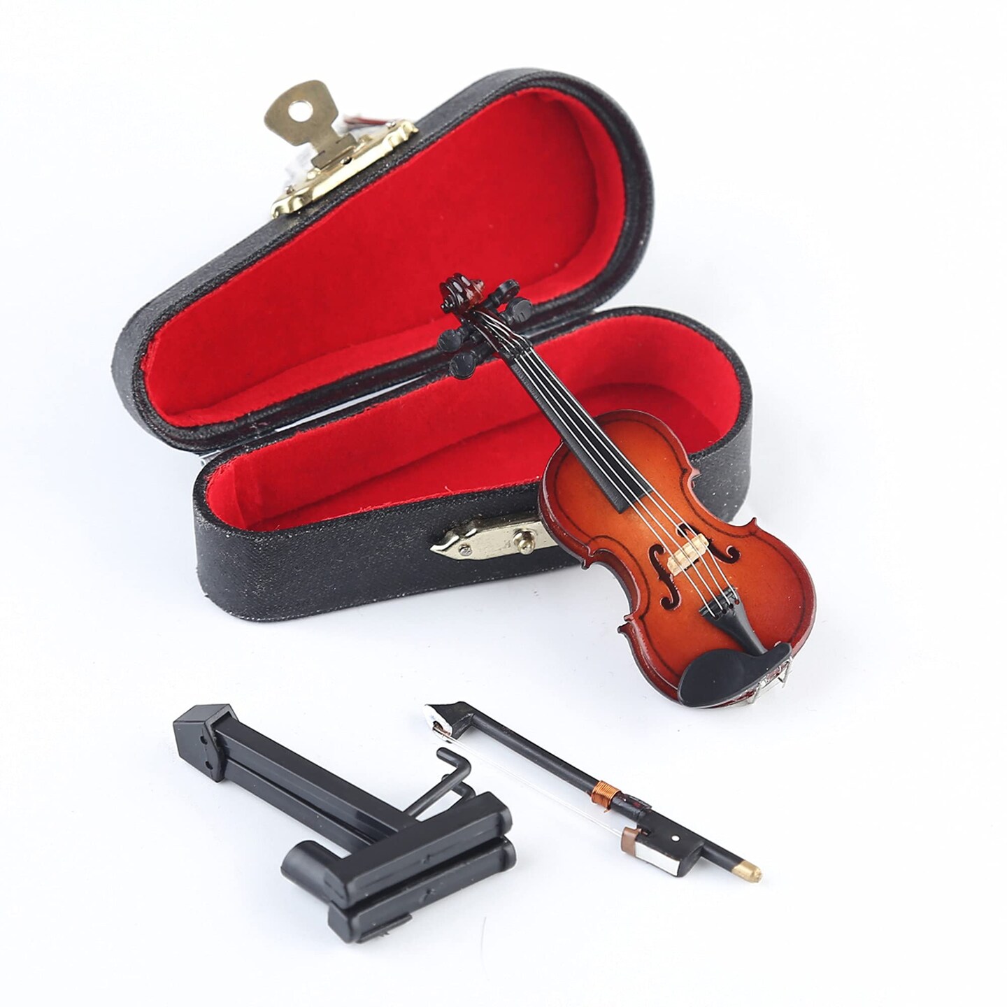 Wooden Miniature Violin with Stand,Bow and Case Mini Musical Instrument Miniature Dollhouse Model Home Decoration (3.15&#x22;x1.18&#x22;x0.59&#x22;)