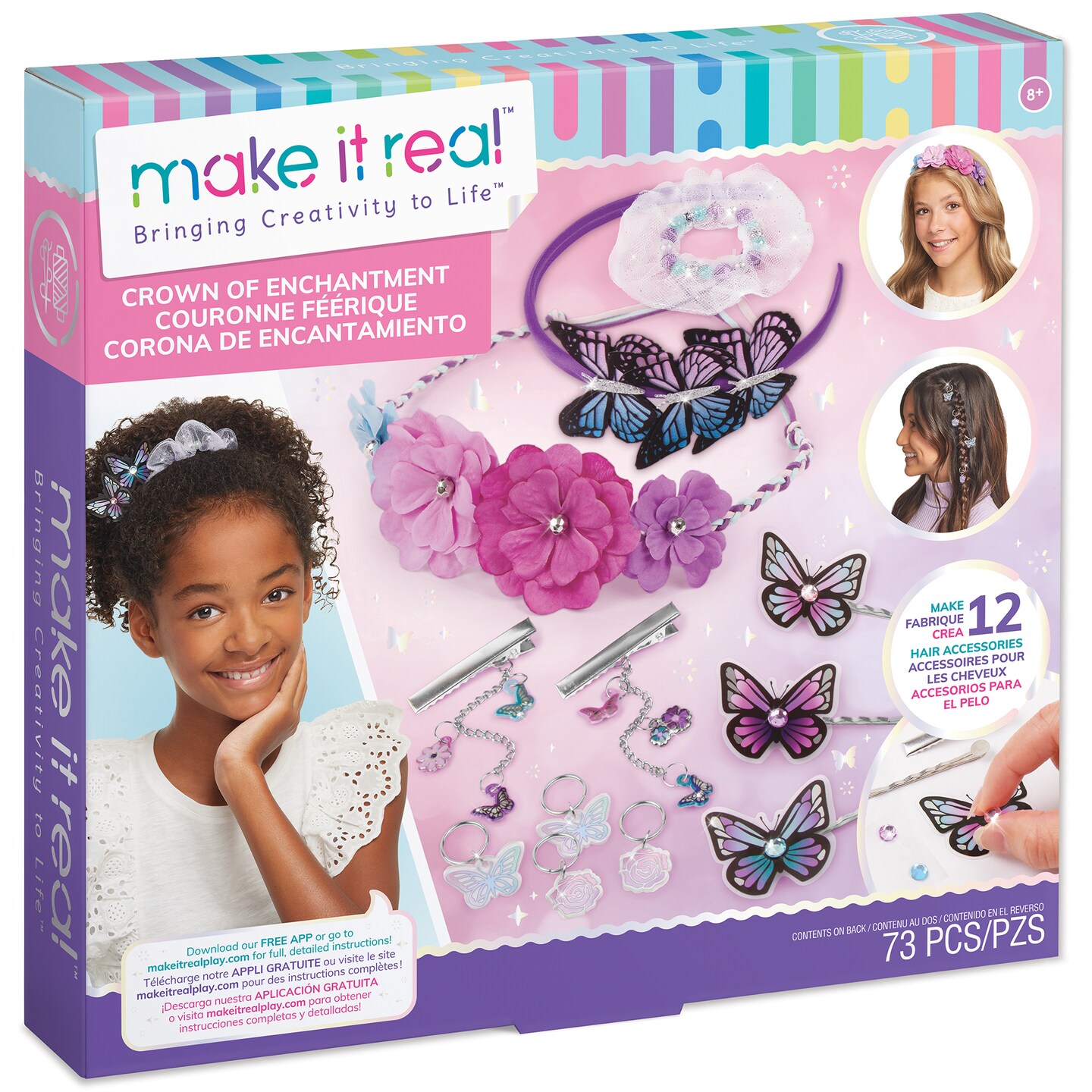 Make It Real: Crown Of Enchantment - DIY Jewelry Kit, Create Up To 12 Eye-Catching Charm Hair Accessories, Butterflies, Pink Purple Blue, 73 Pieces, All-In- 1 DIY KIT, Tweens &#x26; Girls, Arts &#x26; Crafts, Kids Ages 8+