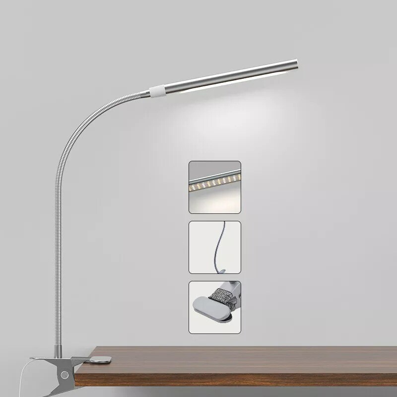 USB Clip-On Led Desk Lamp Dimmable Metal Gooseneck Adjustable Brightness Light