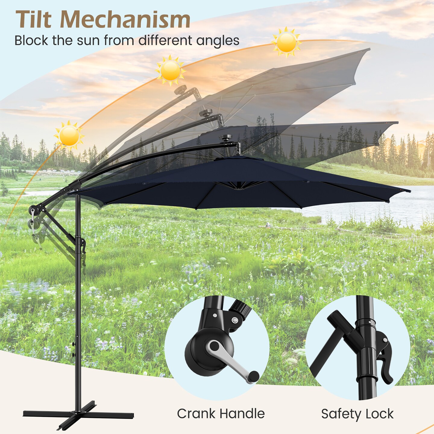 Costway 10FT Patio Solar-Lighted 112 LED Cantilever Offset Umbrella Crank Tilt Outdoor